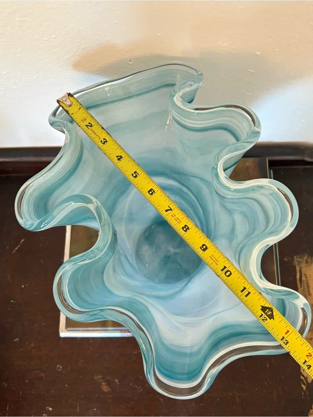 Murano Italy || Large Art Glass Vase Fan Ruffle Light Blue Aqua White 12” Tall